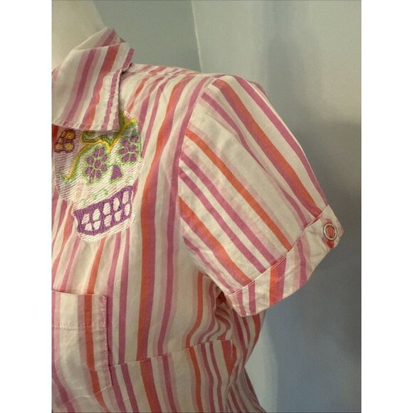 No Boundaries 90s Y2K Pink Striped Embroidered Skeleton Skull Button Down M/L - Picture 13 of 16